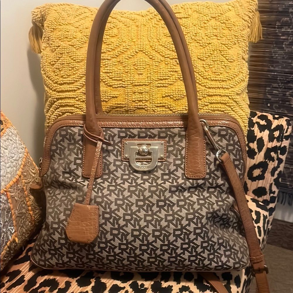 DKNY Brown and Tan Logo Satchel
